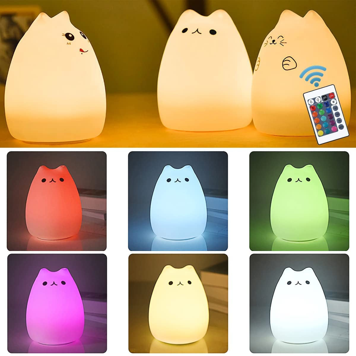 Cat Lamp, Remote Control Silicone Kitty Night Light for Kids Toddler Baby Girls Rechargeable Cute Kawaii Nightlight , White , 4 Piece Set